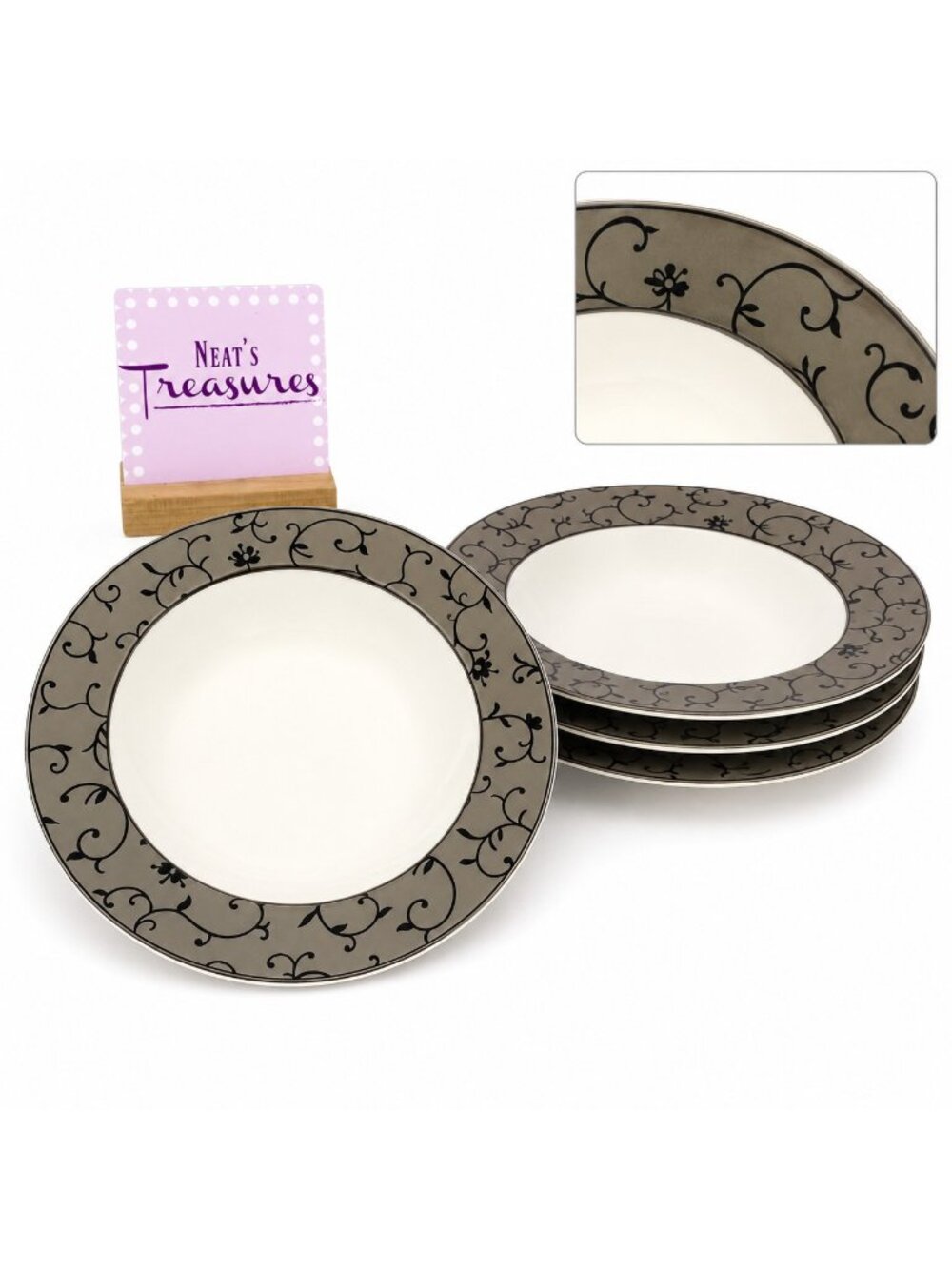 PTS International B Smith W Style FIORI Gray Rim Black Leaves 9" Bowls Set of 4